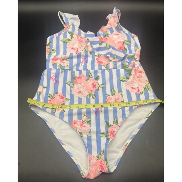 Betsey Johnson Pink Floral Blue Stripe Print Women’s One Piece Swimsuit Sz M - Picture 11 of 11